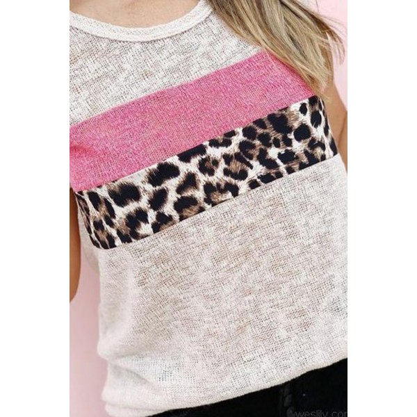 Beige Round Neck Leopard Patchwork Tee
