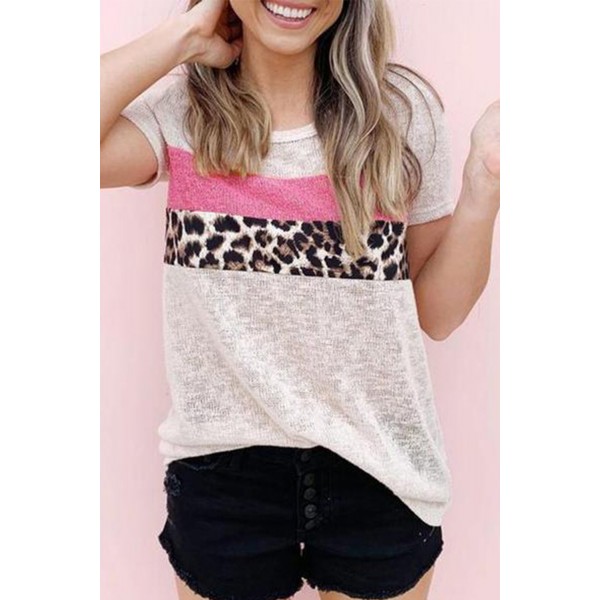 Beige Round Neck Leopard Patchwork Tee