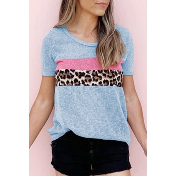 Blue Round Neck Leopard Patchwork Tee