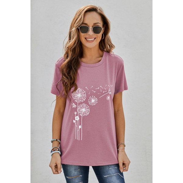 Pink Crew Neck Dandelion Print T-shirt