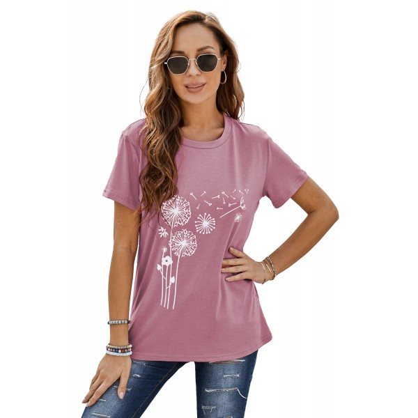 Pink Crew Neck Dandelion Print T-shirt