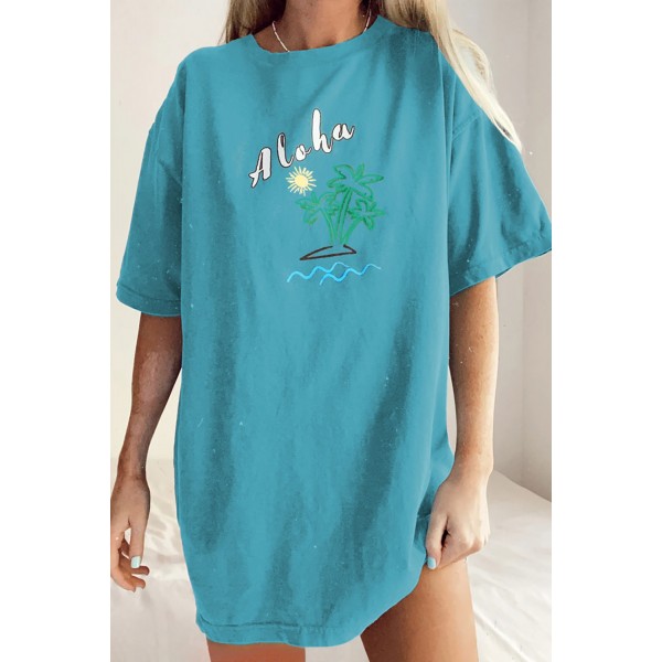 Sky Blue Aloha By The Beach Oversize Boyfriend Tee
