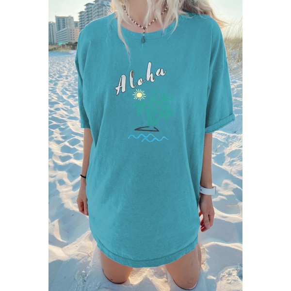 Sky Blue Aloha By The Beach Oversize Boyfriend Tee