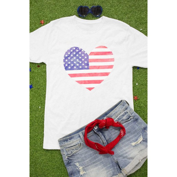 White American Flag Heart Print Graphic Tee