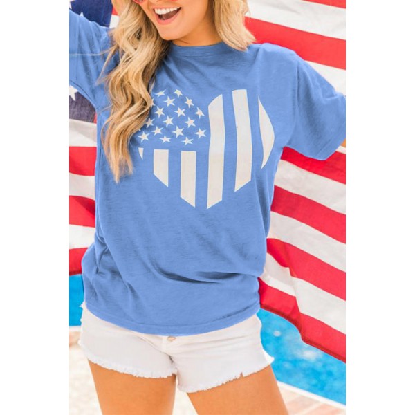 Sky Blue American Flag Heart Print Graphic Tee