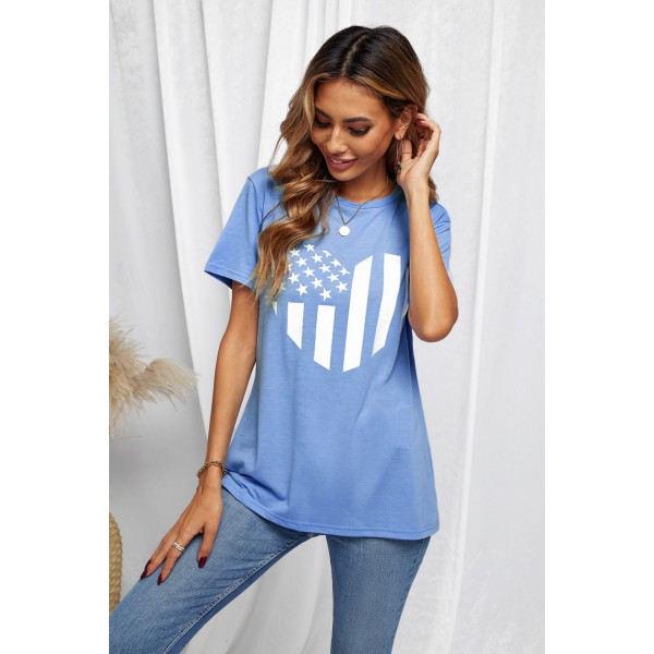 Sky Blue American Flag Heart Print Graphic Tee