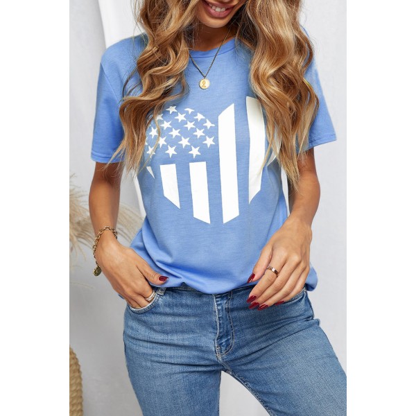 Sky Blue American Flag Heart Print Graphic Tee