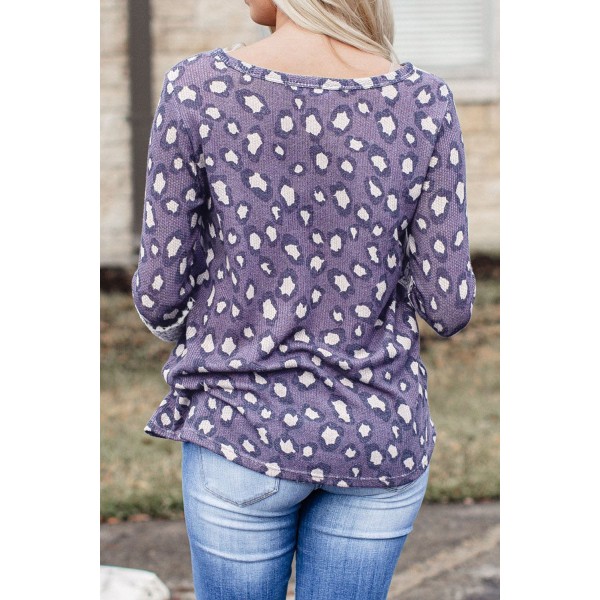 Leopard Lace Hollow-out Waffle Knit Long Sleeve Top