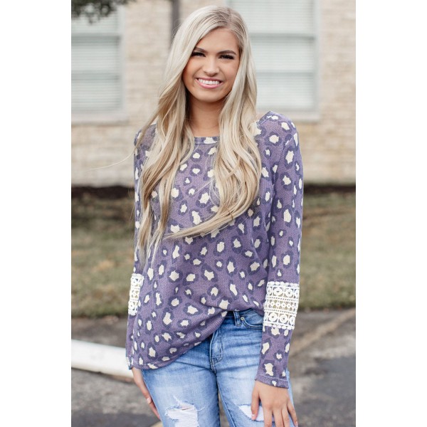 Leopard Lace Hollow-out Waffle Knit Long Sleeve Top