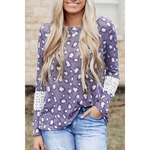Leopard Lace Hollow-out Waffle Knit Long Sleeve Top
