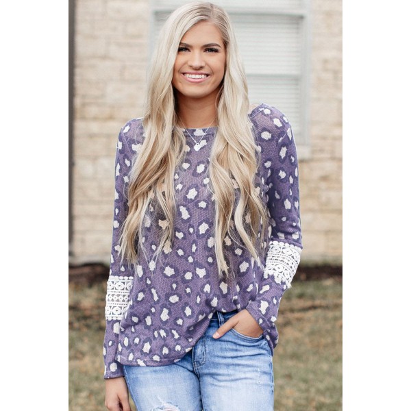 Leopard Lace Hollow-out Waffle Knit Long Sleeve Top