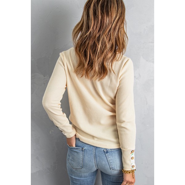 Floral Patchwork Button Waffle Knit Long Sleeve Top