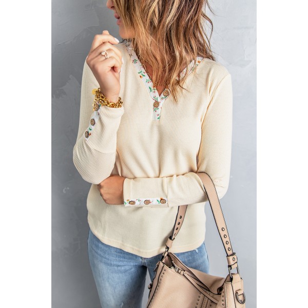 Floral Patchwork Button Waffle Knit Long Sleeve Top
