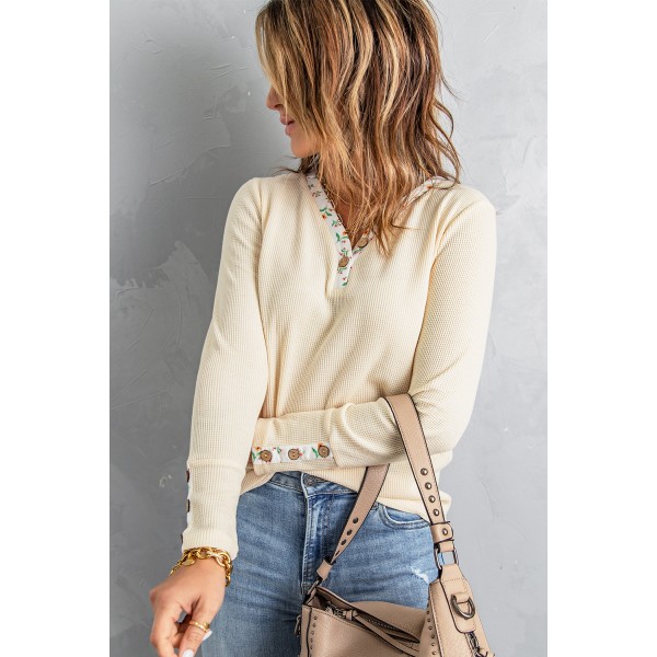 Floral Patchwork Button Waffle Knit Long Sleeve Top