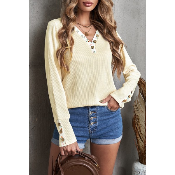 Floral Patchwork Button Waffle Knit Long Sleeve Top