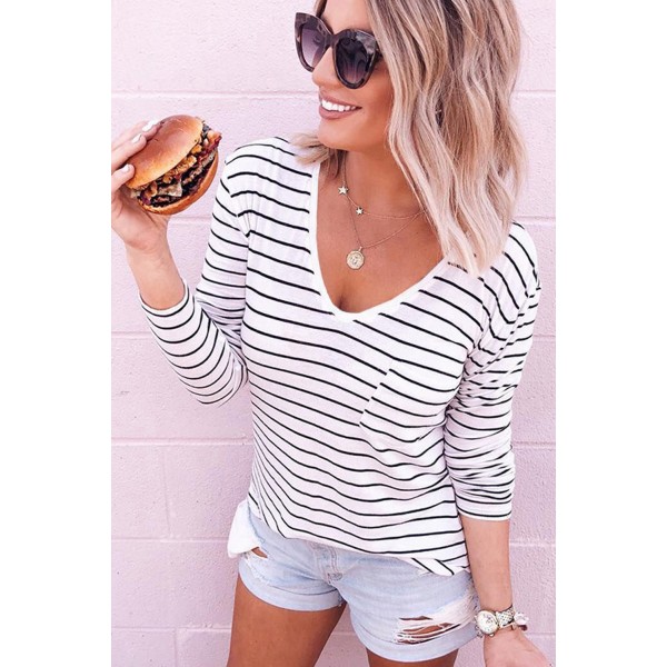 Striped V Neck Long Sleeve Top