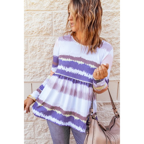 Tie-dyed Print Pom Pom Trim Long Sleeve Top