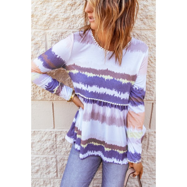 Tie-dyed Print Pom Pom Trim Long Sleeve Top