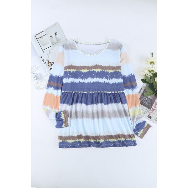 Tie-dyed Print Pom Pom Trim Long Sleeve Top