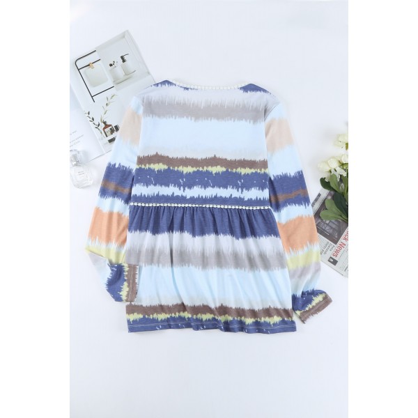 Tie-dyed Print Pom Pom Trim Long Sleeve Top