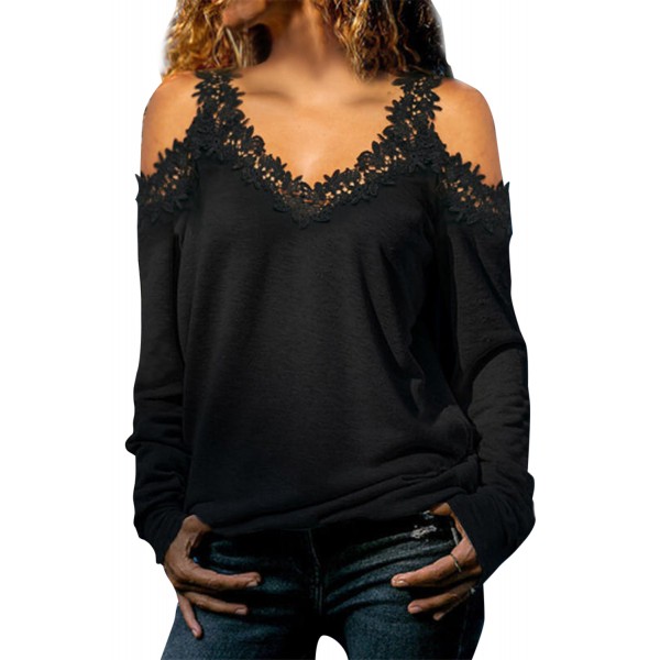 Black Lace Splicing Cold Shoulder V Neck Top