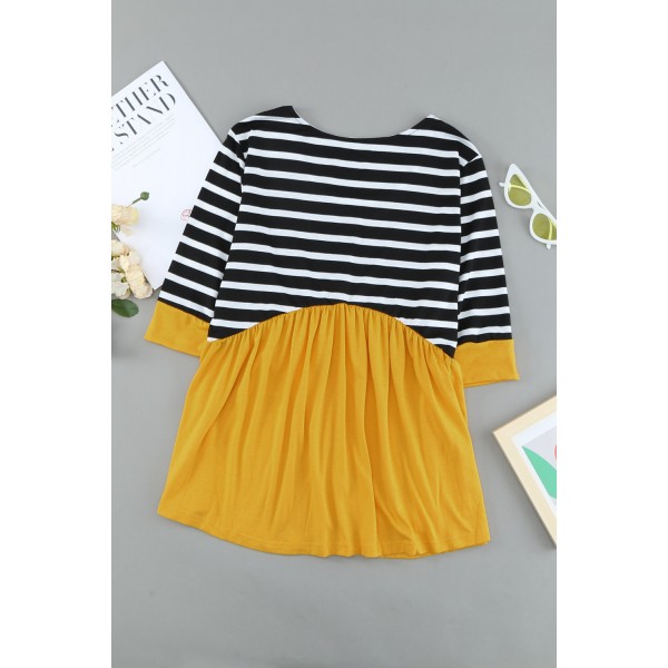 Striped Ruffled Three Quarter Sleeve O-Neck Blouse