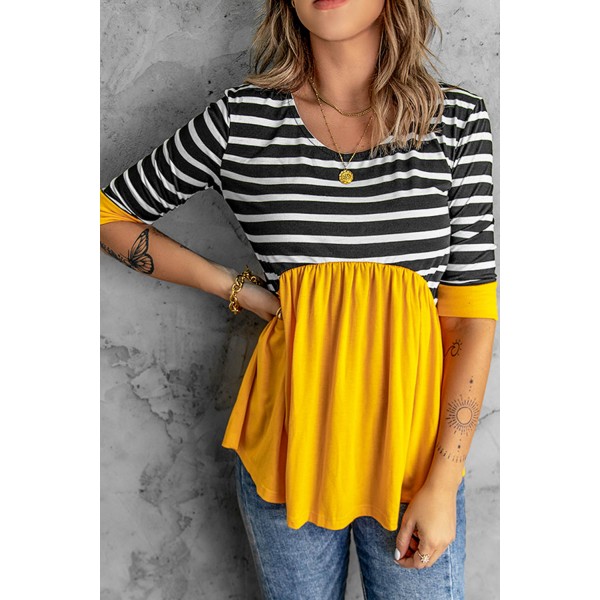 Striped Ruffled Three Quarter Sleeve O-Neck Blouse