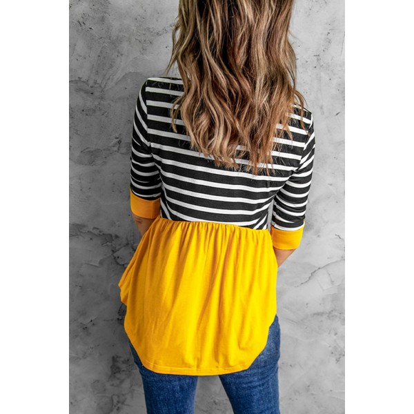 Striped Ruffled Three Quarter Sleeve O-Neck Blouse