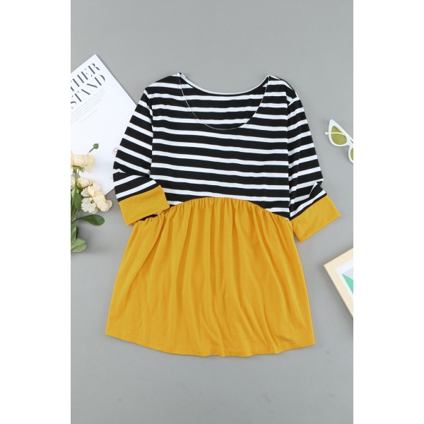 Striped Ruffled Three Quarter Sleeve O-Neck Blouse