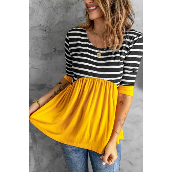 Striped Ruffled Three Quarter Sleeve O-Neck Blouse