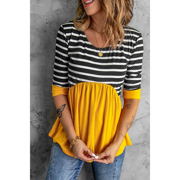 Striped Ruffled Three Quarter Sleeve O-Neck Blouse