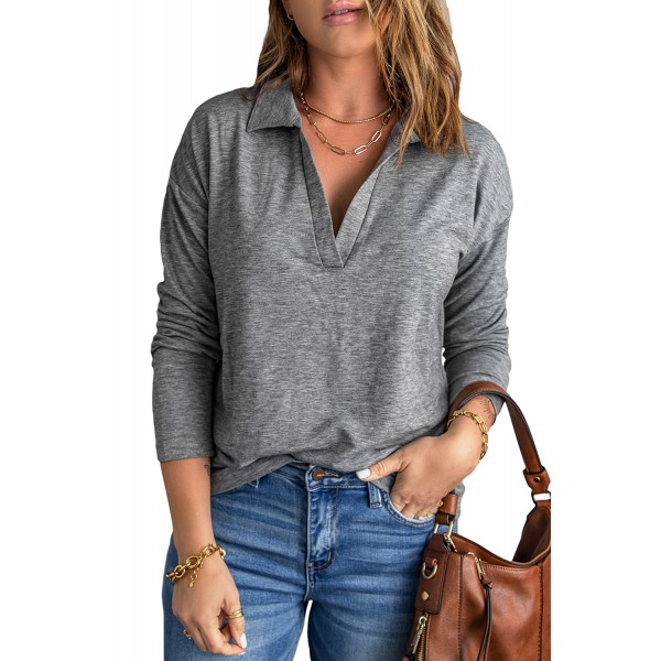 Gray Turn-down V Neck Long Sleeve Top
