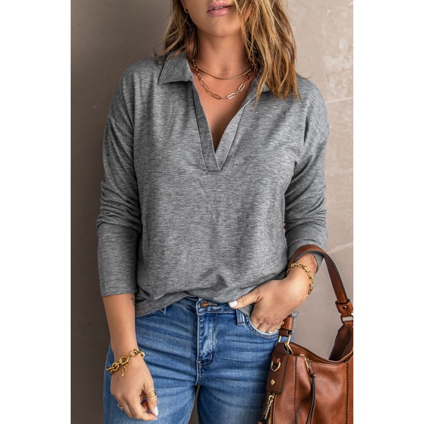 Gray Turn-down V Neck Long Sleeve Top