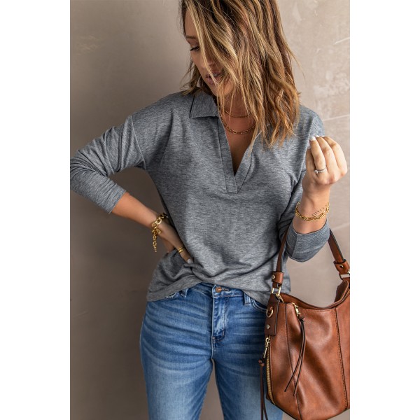 Gray Turn-down V Neck Long Sleeve Top