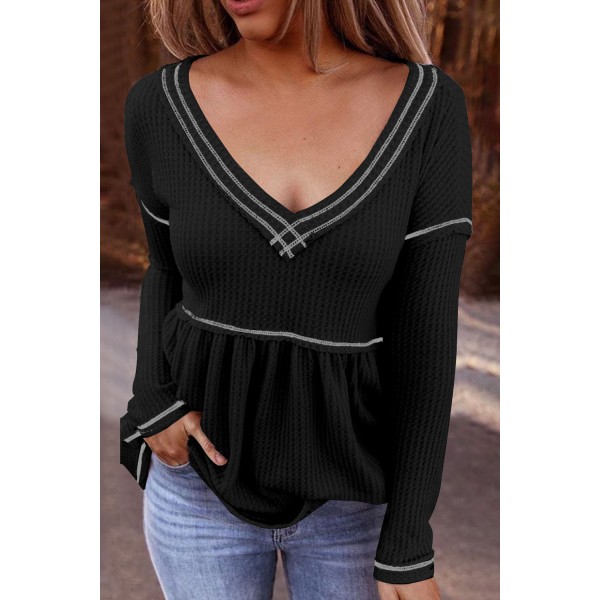 Black V Neck Long Sleeve Colorblock Waffle Babydoll Top