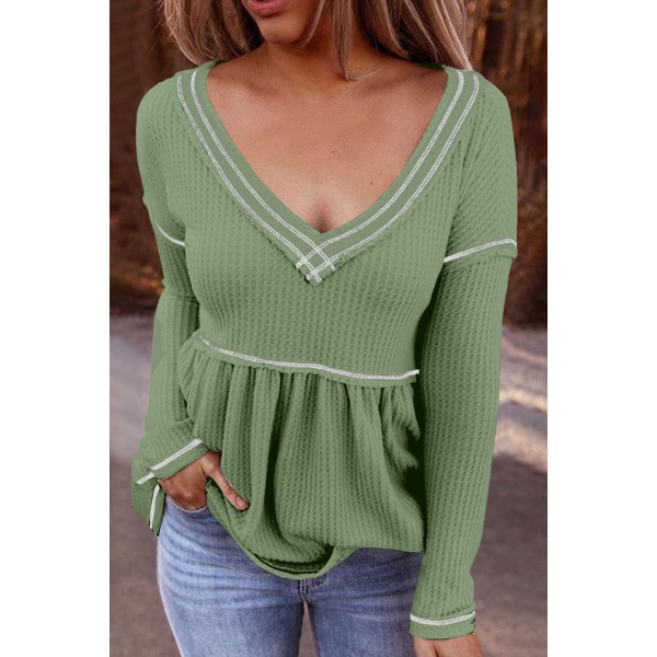 V-neck Stripped Patchwork Knit Top