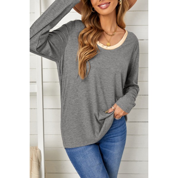 Gray Round Neck Loose Long Sleeve Top
