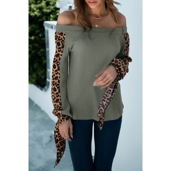 Contrast Leopard Sleeve Off Shoulder Top