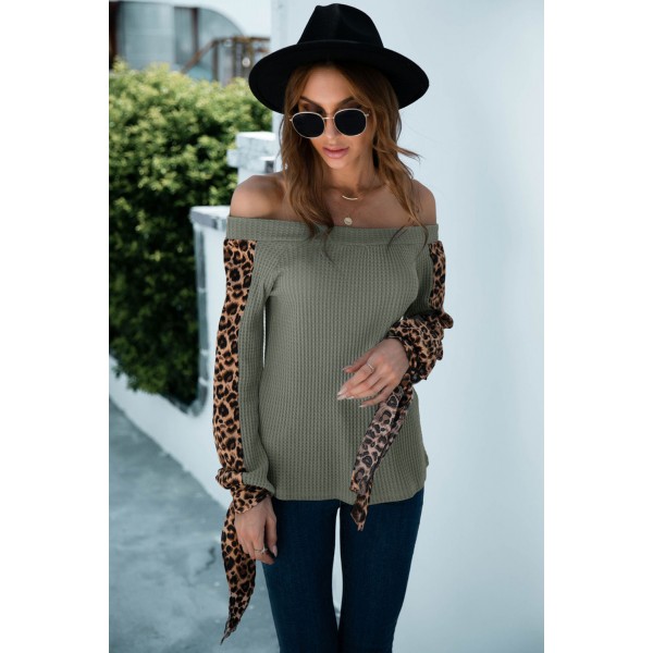 Contrast Leopard Sleeve Off Shoulder Top