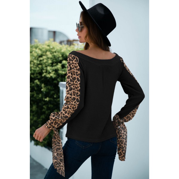 Black Contrast Leopard Sleeve Off Shoulder Top