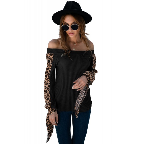 Black Contrast Leopard Sleeve Off Shoulder Top