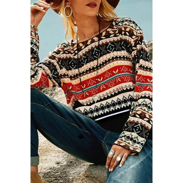 Vintage Boho Style Crew Neck Long Sleeve Blouse