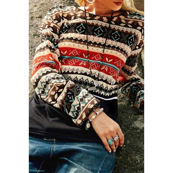 Vintage Boho Style Crew Neck Long Sleeve Blouse