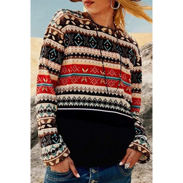 Vintage Boho Style Crew Neck Long Sleeve Blouse