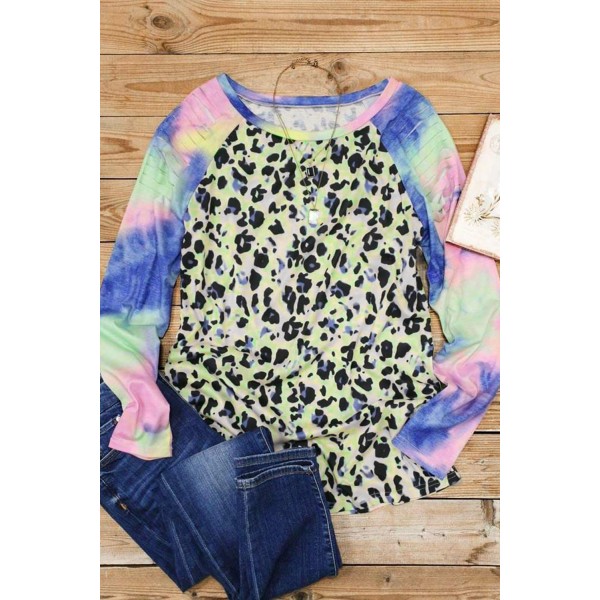 Leopard Tie-dyed Print Cut-out Long Sleeve Top