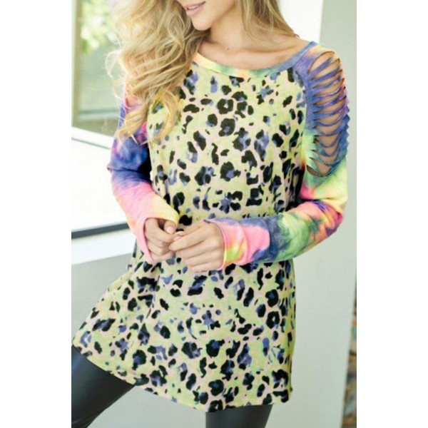 Leopard Tie-dyed Print Cut-out Long Sleeve Top
