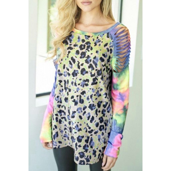 Leopard Tie-dyed Print Cut-out Long Sleeve Top