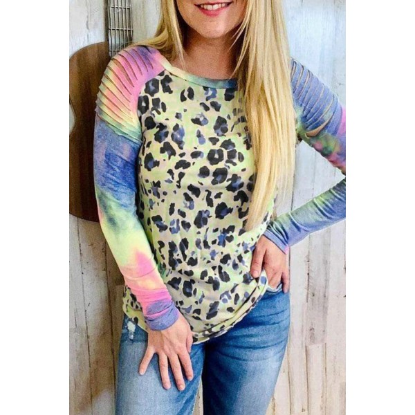 Leopard Tie-dyed Print Cut-out Long Sleeve Top