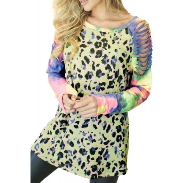 Leopard Tie-dyed Print Cut-out Long Sleeve Top