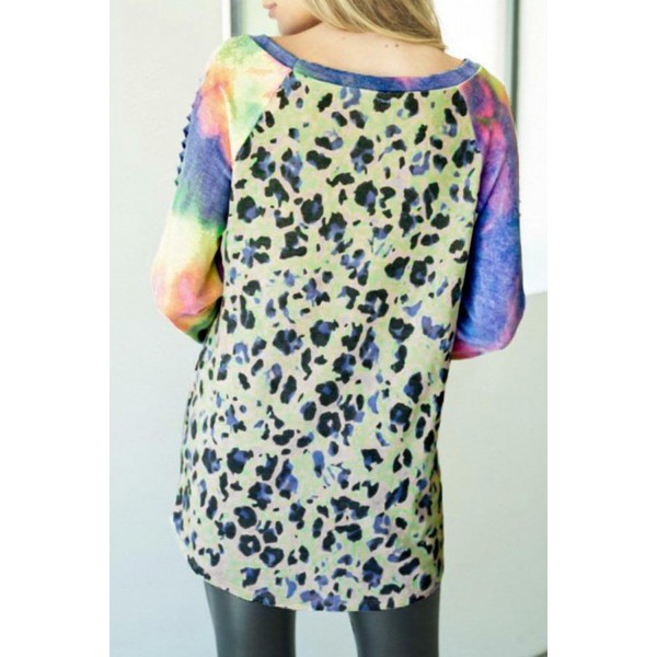 Leopard Tie-dyed Print Cut-out Long Sleeve Top